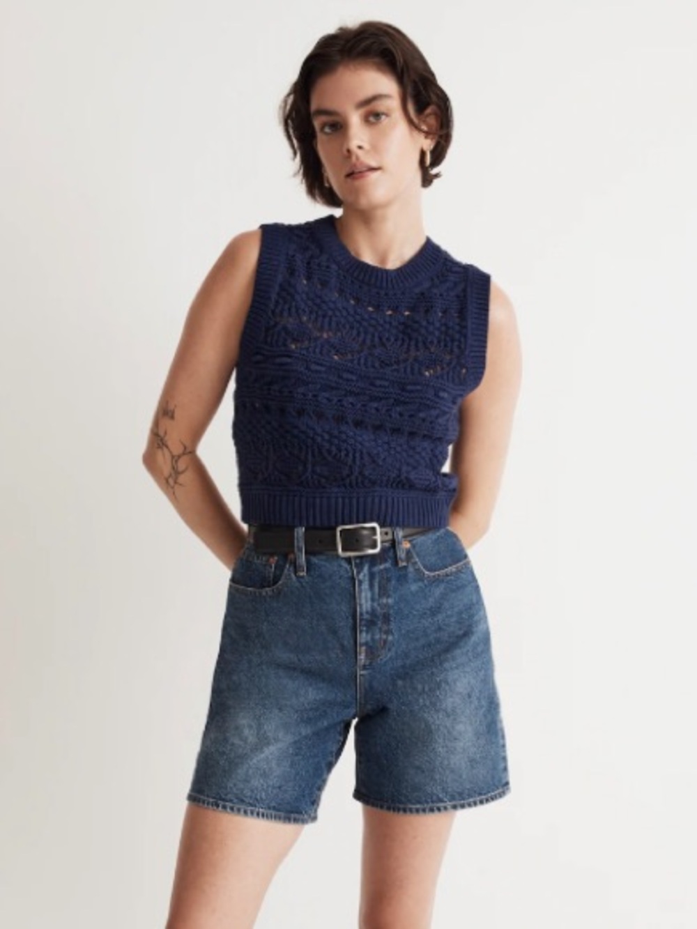 Madewell Crochet Chunky Knit Sleeveless Sweater Vest Navy Large